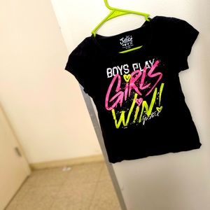 T-shirt says boys play girls win on the front